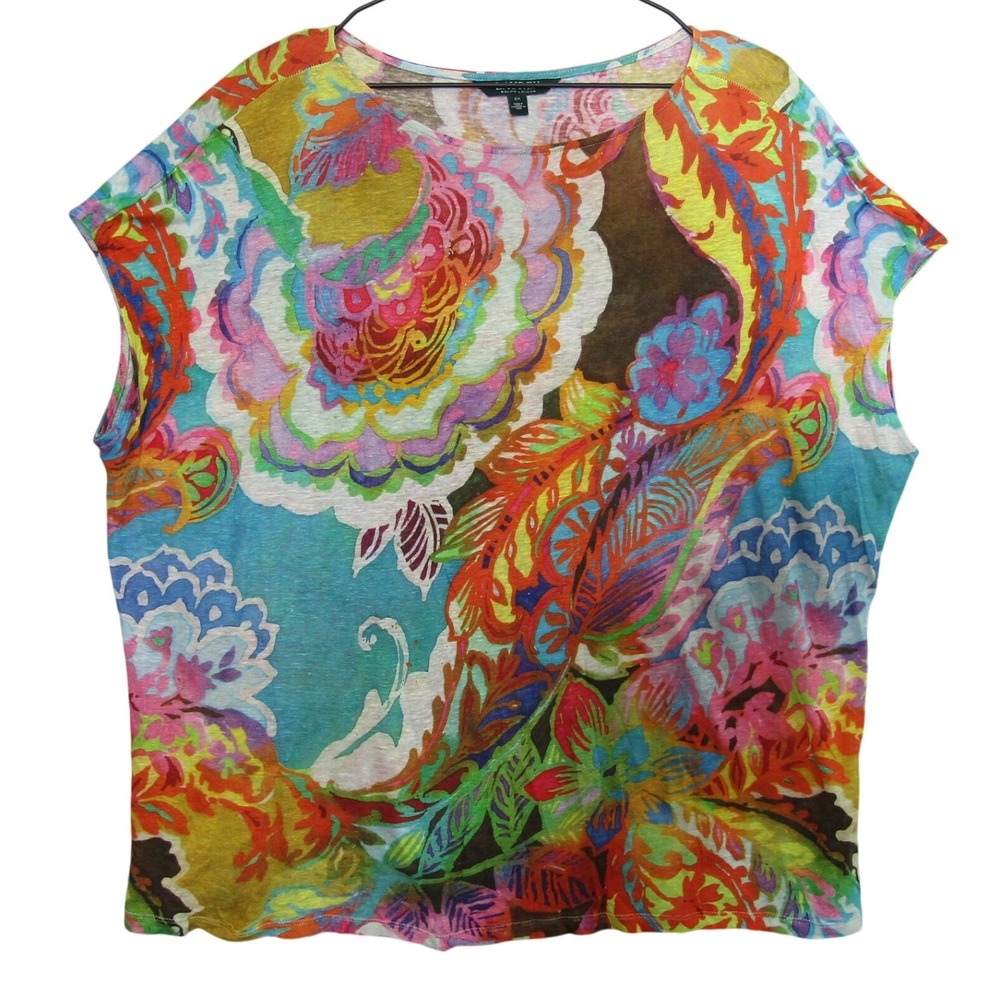 Lauren Ralph Lauren Knit Top Womens 2X Multicolor Good Linen Paisley Floral Cap